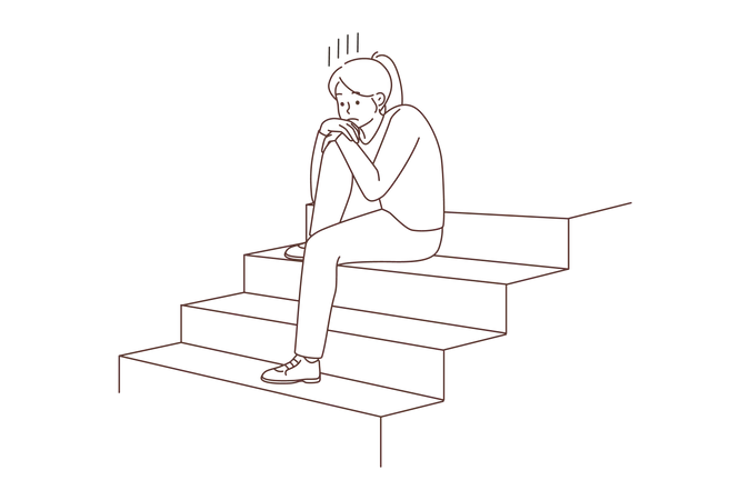 Chica triste y sentada en la escalera  Ilustración