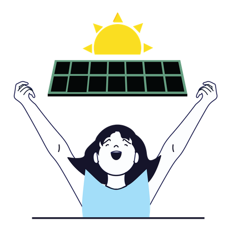 Chica usa energía solar.  Ilustración