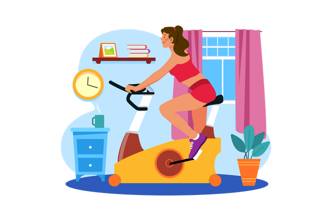 Chica usando bicicleta de gimnasio  Ilustración