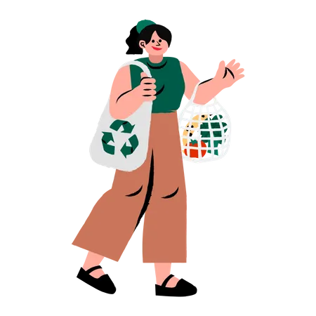 Chica usando bolsa reciclable  Ilustración