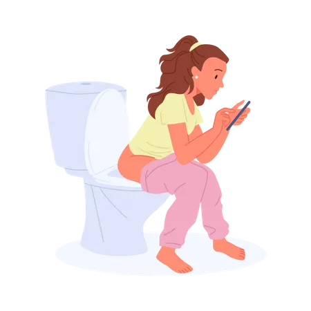 Chica usando móvil en el baño  Ilustración