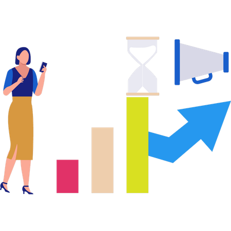 Chica usando dispositivos móviles haciendo análisis de marketing  Ilustración