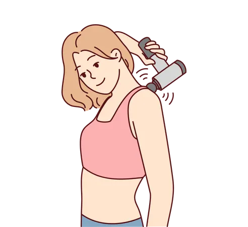 Chica usando pistola vibratoria para masaje  Ilustración