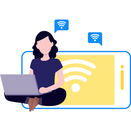 Chica usando Wi-Fi en la computadora portátil  Ilustración