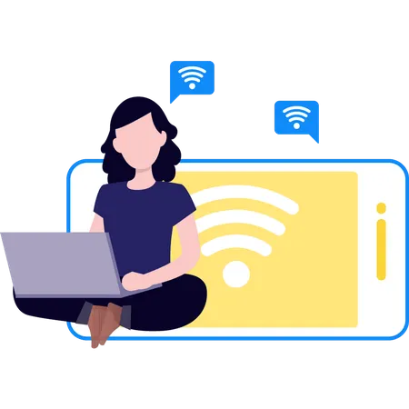 Chica usando Wi-Fi en la computadora portátil  Ilustración