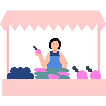 Chica vendiendo verduras en el puesto  Ilustración