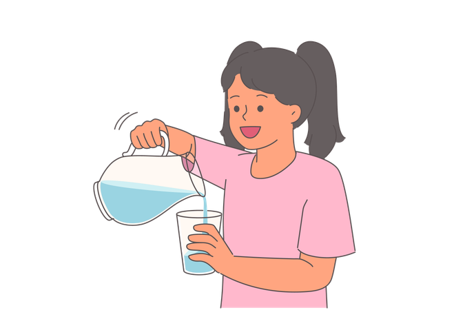 Una niña vierte agua en un vaso de una jarra para calmar la sed después de una caminata de verano  Ilustración