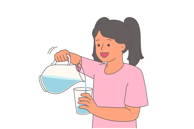 Una niña vierte agua en un vaso de una jarra para calmar la sed después de una caminata de verano  Ilustración