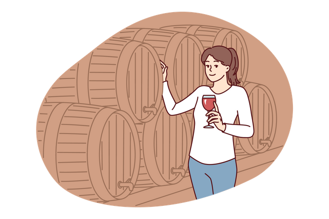 Niña visitando la producción de vino.  Ilustración