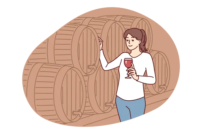 Niña visitando la producción de vino.  Ilustración