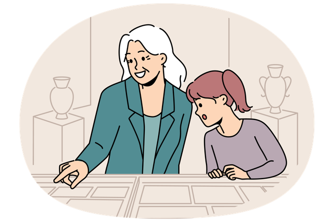 Una niña visita un museo con su abuela y observa las piezas antiguas encontradas por los arqueólogos.  Ilustración