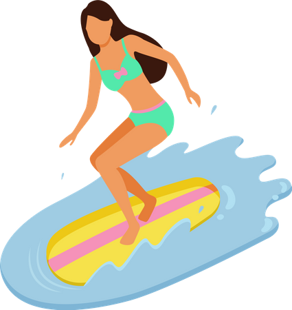 Niña vistiendo traje de baño y disfrutando del surf  Ilustración