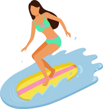 Niña vistiendo traje de baño y disfrutando del surf  Ilustración