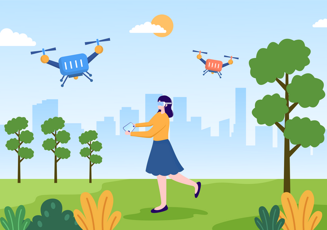 Chica volando drone en el parque  Ilustración