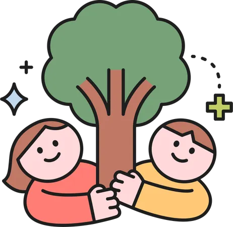 Niña y hombre cuidando el árbol  Ilustración