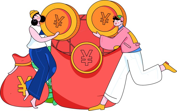 Niña y hombre sosteniendo moneda yen  Ilustración