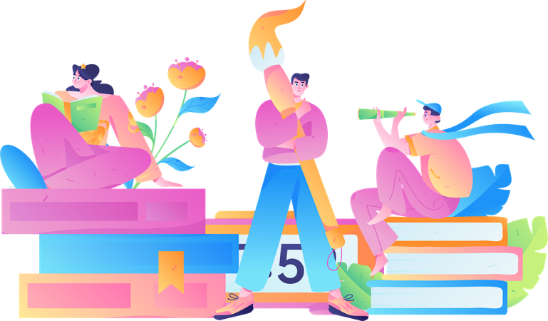 Niña y hombre tomando conocimientos del libro.  Ilustración