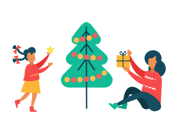 Niña y madre decora el árbol de Navidad y el regalo de Navidad  Ilustración