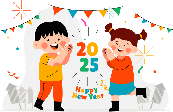 Niña y niño celebrando el año nuevo  Ilustración