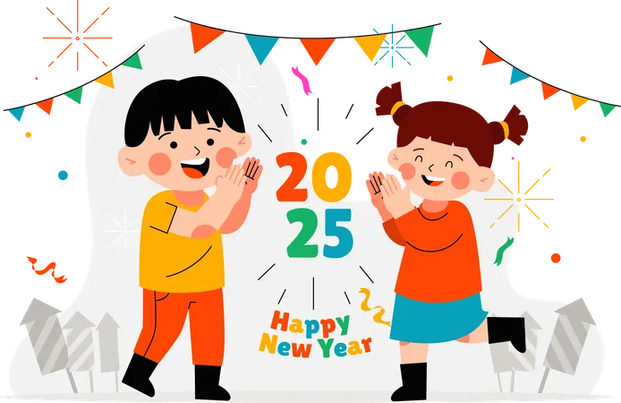 Niña y niño celebrando el año nuevo  Ilustración