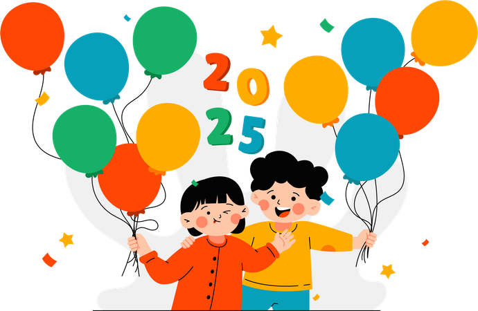 Niña y niño celebrando el año nuevo y sosteniendo globos  Ilustración