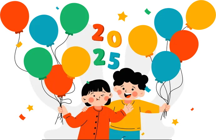 Niña y niño celebrando el año nuevo y sosteniendo globos  Ilustración