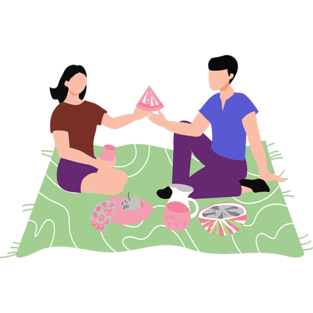 Niña y niño comiendo fruta en picnic  Ilustración