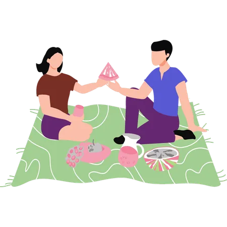 Niña y niño comiendo fruta en picnic  Ilustración