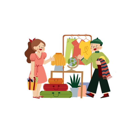 Niña y niño comprando ropa de venta  Ilustración