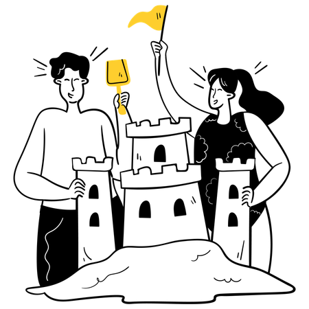 Niña y niño construyendo castillos de arena  Ilustración