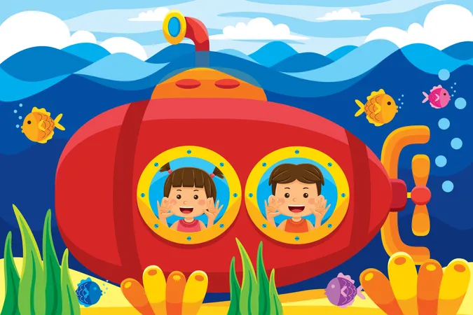 Niña y niño disfrutando de un paseo en submarino  Ilustración