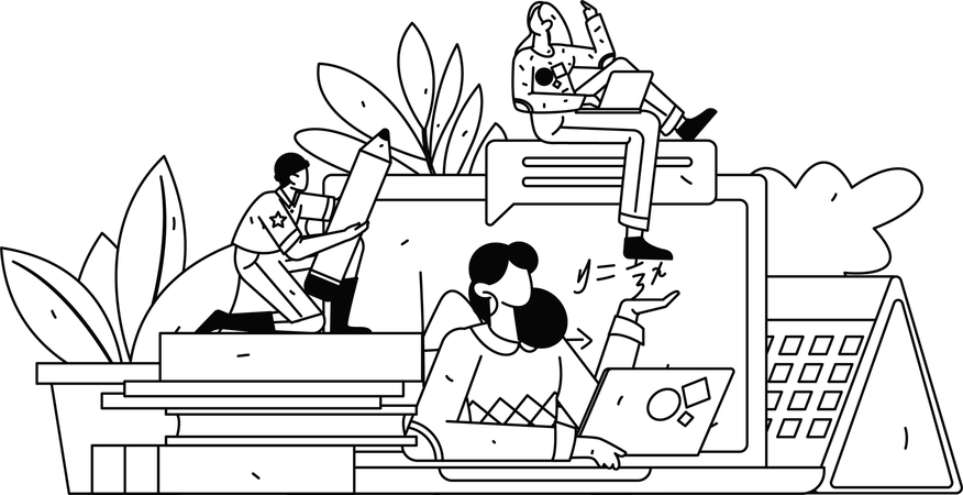Niña y niño haciendo estudio.  Ilustración