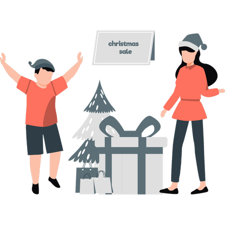 Niña y niño felices con regalo de Navidad  Ilustración