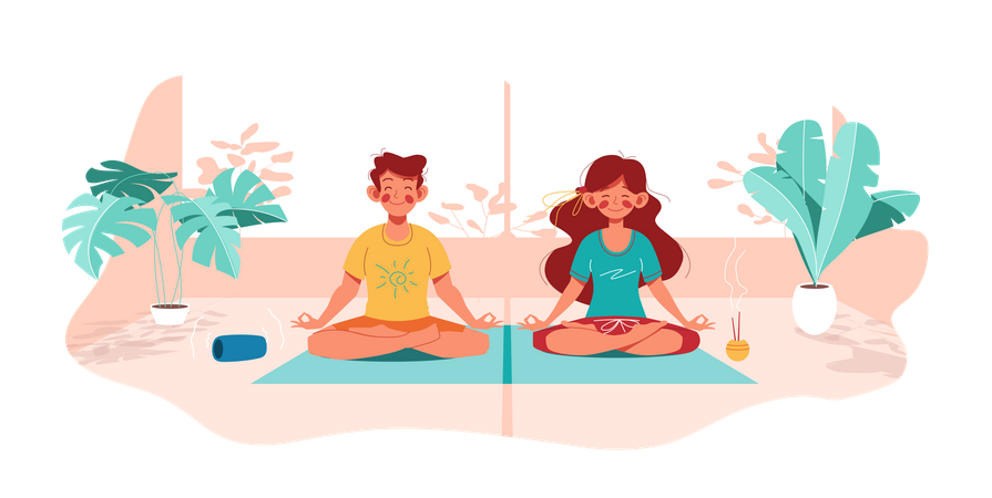 Niña y niño hacen yoga en postura de loto  Ilustración
