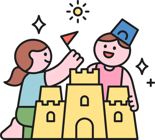 Niña y niño haciendo castillos de arena.  Ilustración