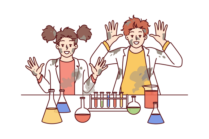 Niña y niño haciendo experimento químico  Ilustración
