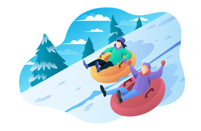 Niña y niño jugando con snow tubing  Ilustración