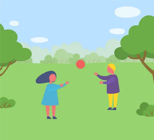Niña y niño jugando a la pelota en el parque  Ilustración