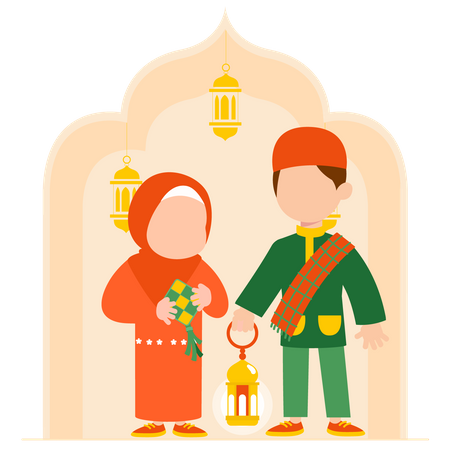 Niña y niño musulmanes celebrando el Ramadán  Ilustración