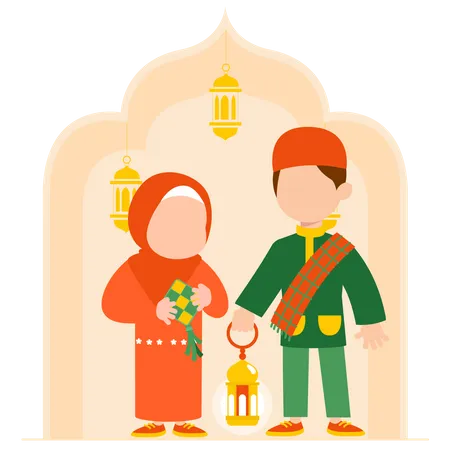 Niña y niño musulmanes celebrando el Ramadán  Ilustración