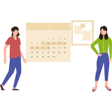 Niña y niño de pie junto al calendario.  Ilustración