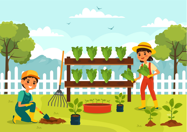Niña y niño plantando flores y disfrutando de la jardinería  Ilustración