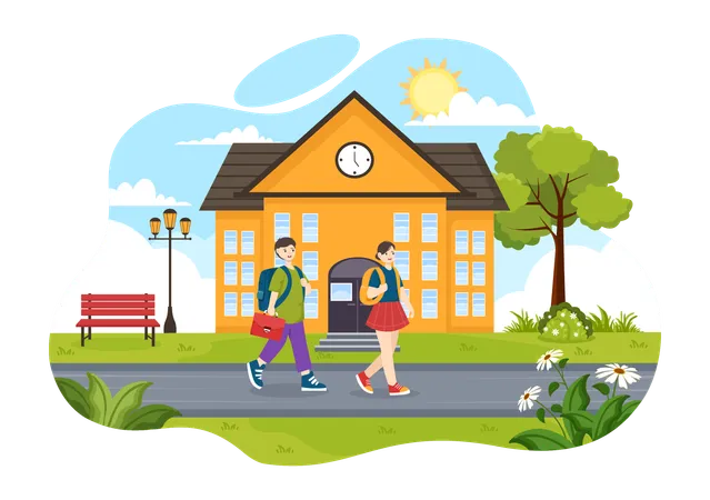 Niña y niño salen del edificio escolar después de clase  Ilustración
