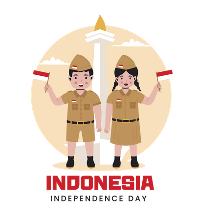 Niña y niño sosteniendo la bandera de indonesia  Ilustración