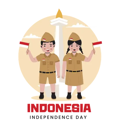 Niña y niño sosteniendo la bandera de indonesia  Ilustración