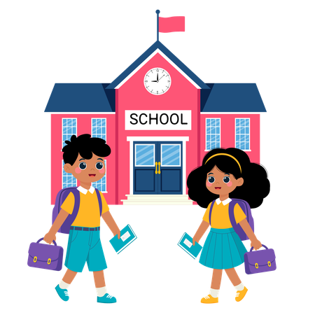 Niña y niño yendo a la escuela  Ilustración