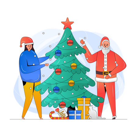 Niña y Santa celebrando la Navidad  Ilustración