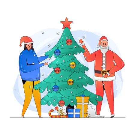 Niña y Santa celebrando la Navidad  Ilustración