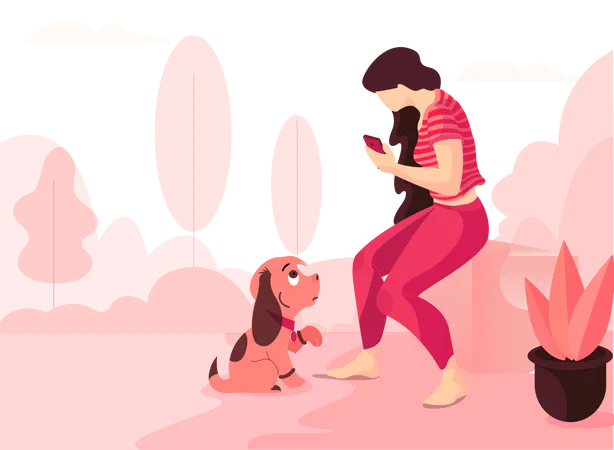 Niña y perro sentados juntos  Ilustración