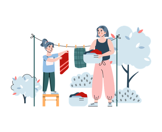 Niña y su madre secando la ropa  Ilustración